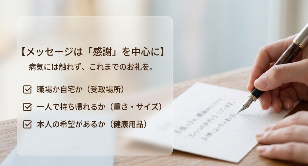病気退職のメッセージは病気に触れず感謝を中心にし、受取場所・重さとサイズ・健康用品は本人の希望があるかを確認するスライド