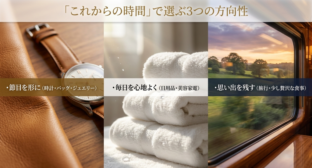 60歳女性の自分へのご褒美を節目を形に残す、毎日を心地よくする、思い出を残すの3方向から選ぶ