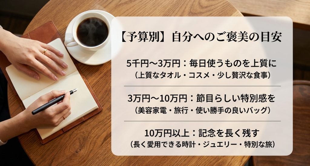 60歳女性の自分へのご褒美を5000円から3万円、3万円から10万円、10万円以上の予算別に選ぶ目安