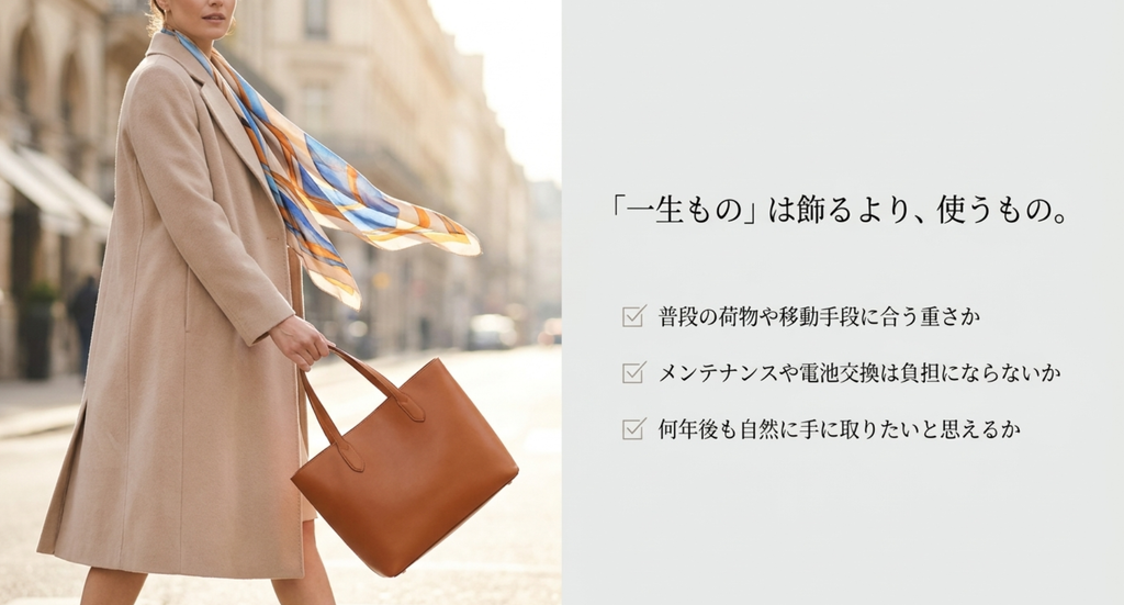60歳女性が一生ものを選ぶときは普段の荷物や移動に合う重さ、手入れの負担、何年後も使いたいかを確認する