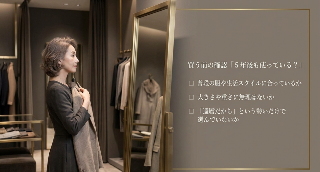 60歳の自分へのご褒美を買う前に普段の服や生活に合うか、大きさや重さに無理がないか、還暦の勢いだけで選んでいないかを確認する