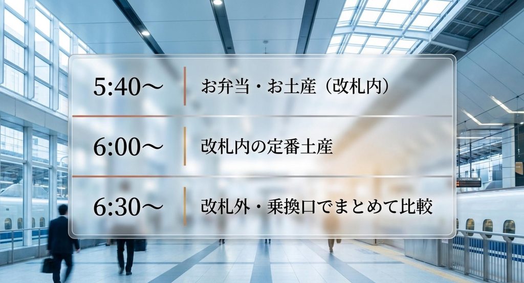 東京駅で朝5時40分・6時・6時30分から利用できるお土産売り場の目安