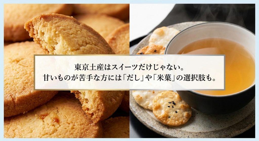 東京土産はスイーツだけでなく甘いものが苦手な方にはだしや米菓も選べることを示すイメージ