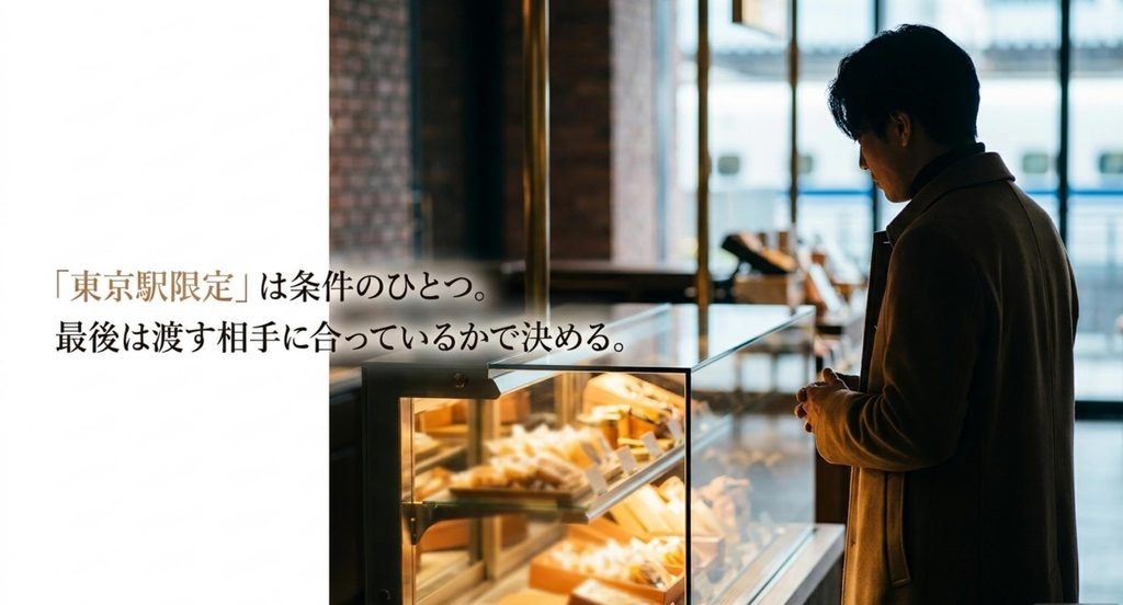 東京駅限定はお土産選びの条件の一つで最後は渡す相手に合うかで選ぶことを表したイメージ