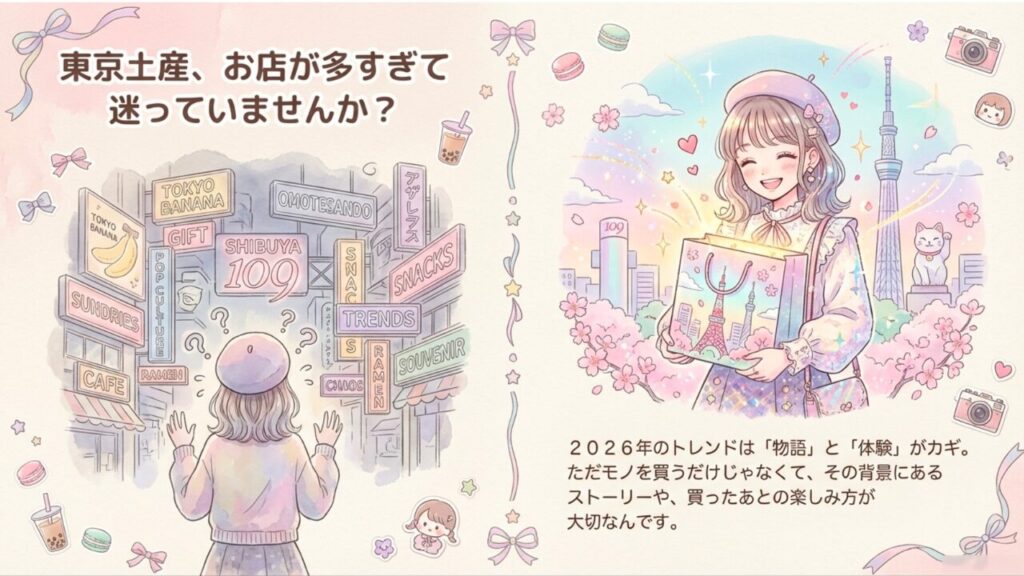 東京のお土産選びに迷う高校生と溢れるショップ看板のイラスト