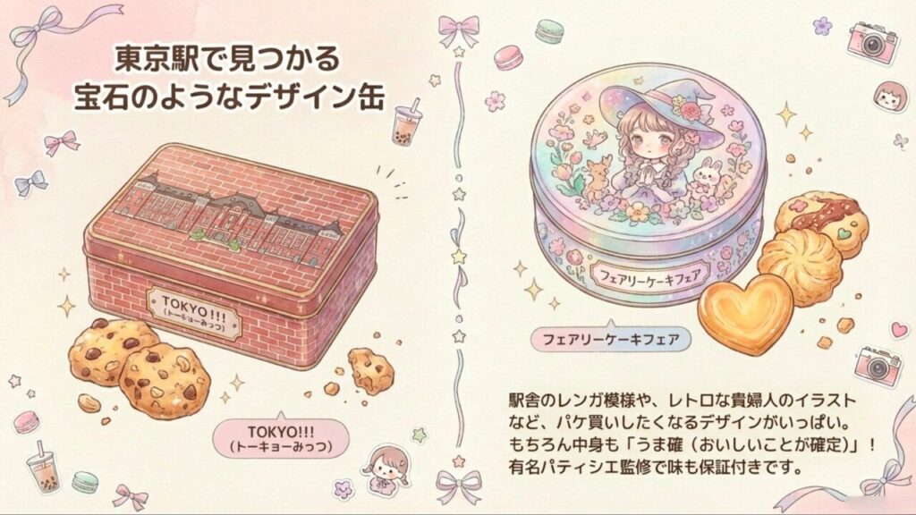東京駅限定の駅舎柄やフェアリーケーキフェアの宝石のようなデザイン缶