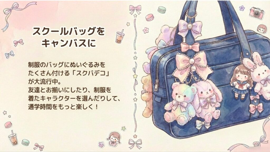 スクールバッグにぬいぐるみを大量に付けるスクバデコのイメージイラスト