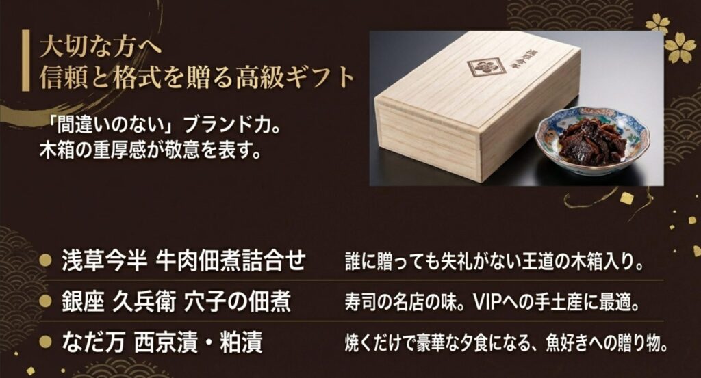 浅草今半、銀座久兵衛、なだ万など、高級おかず系ギフトのブランドリスト