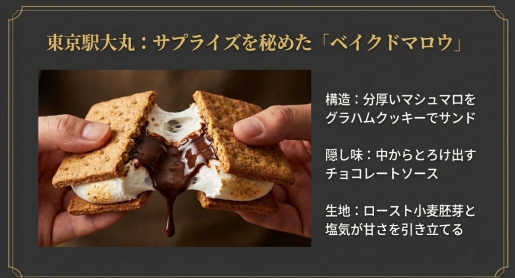 ベイクドマロウの構造：グラハムクッキーで挟んだマシュマロの中からチョコソースがとろけ出す