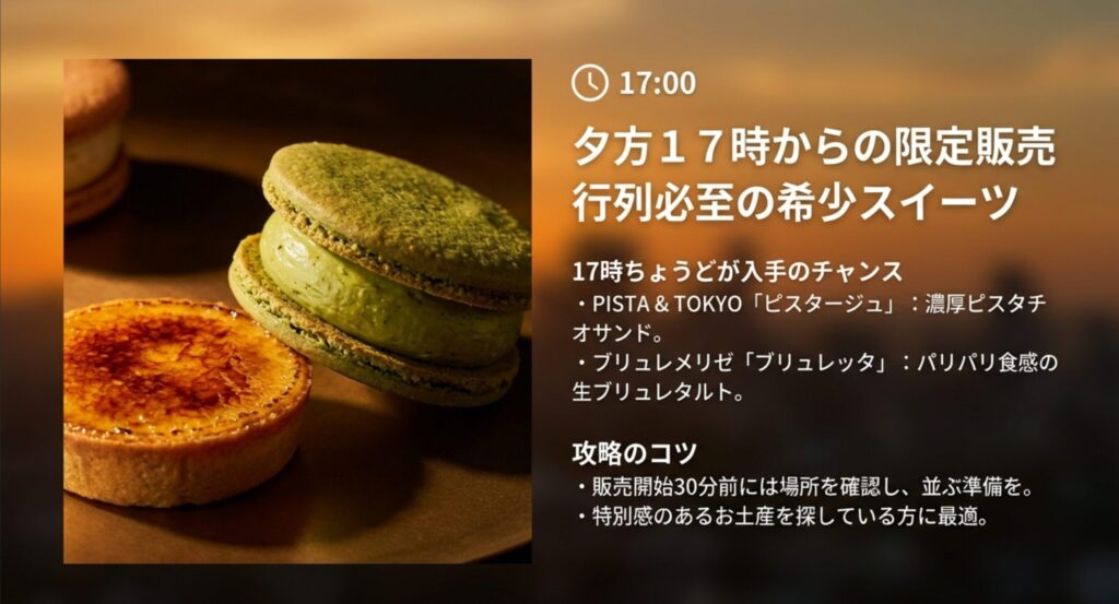 夕方17時から限定販売されるピスタージュなどの希少スイーツ