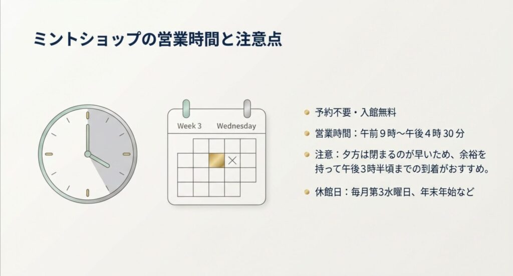 営業時間は9時から16時半まで。第3水曜日は休館日に注意