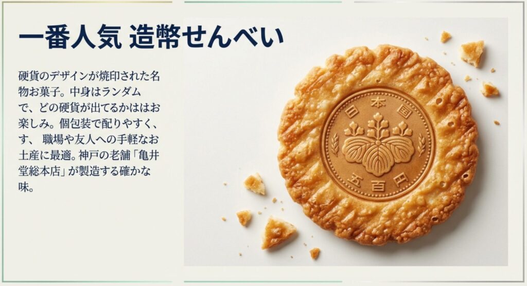 硬貨の焼印が押された造幣せんべい。中身はランダムで楽しい