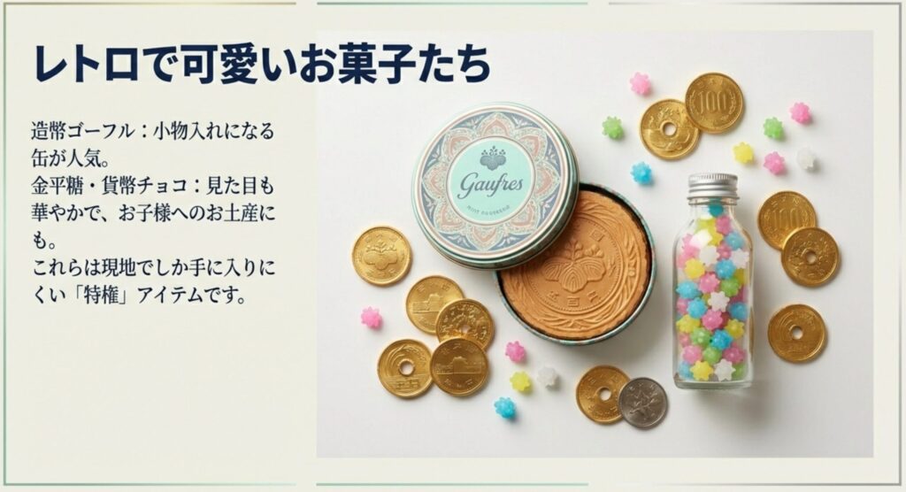 造幣ゴーフルや金平糖など、レトロで可愛いお菓子も人気です