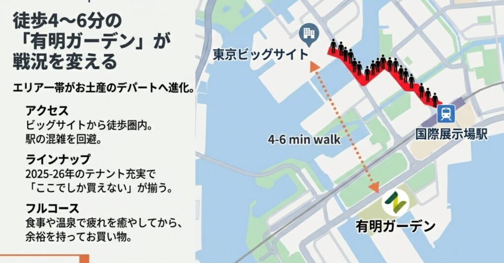 東京ビッグサイトから徒歩4〜6分の有明ガーデンへのアクセスマップ。駅の混雑を回避し、食事や温泉も楽しめるフルコースの提案