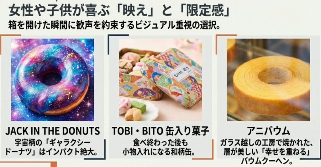 女性や子供が喜ぶ「映え」と「限定感」のあるお土産。JACK IN THE DONUTSのギャラクシードーナツやアニバウム、Tobi-Bitoの缶入り菓子など