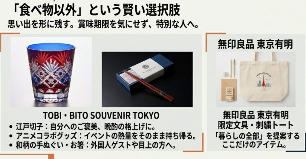 食べ物以外の賢い選択肢。江戸切子やアニメコラボグッズ、無印良品の限定アイテムなど、形に残るお土産の紹介