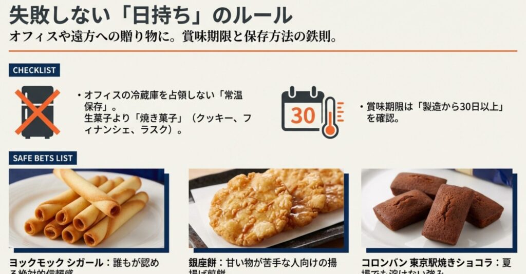 失敗しない日持ちのルール。オフィスの冷蔵庫を使わない常温保存、焼き菓子の選択、賞味期限30日以上の確認など