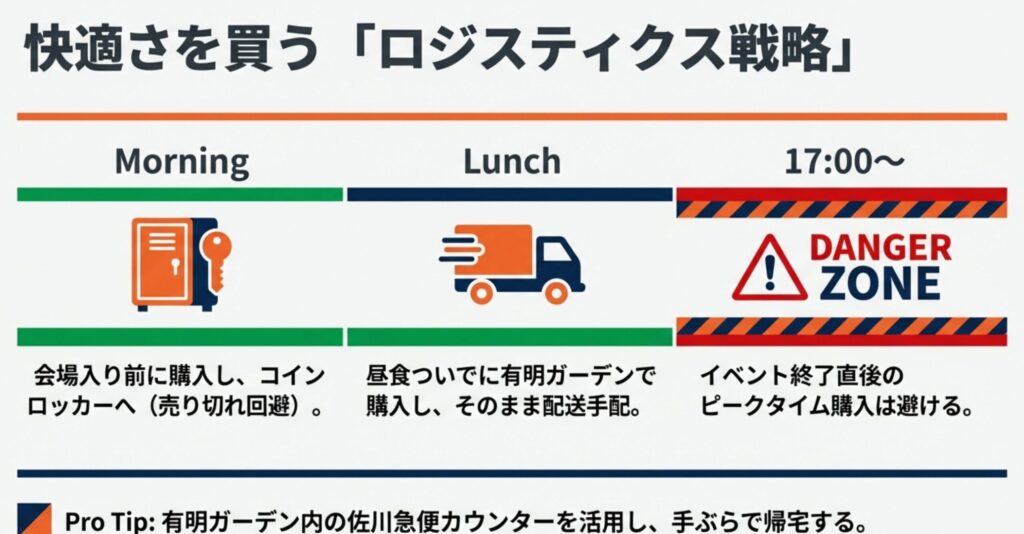 快適さを買うロジスティクス戦略。会場入り前の購入とコインロッカー利用、有明ガーデンからの配送手配、混雑するピークタイムの回避など