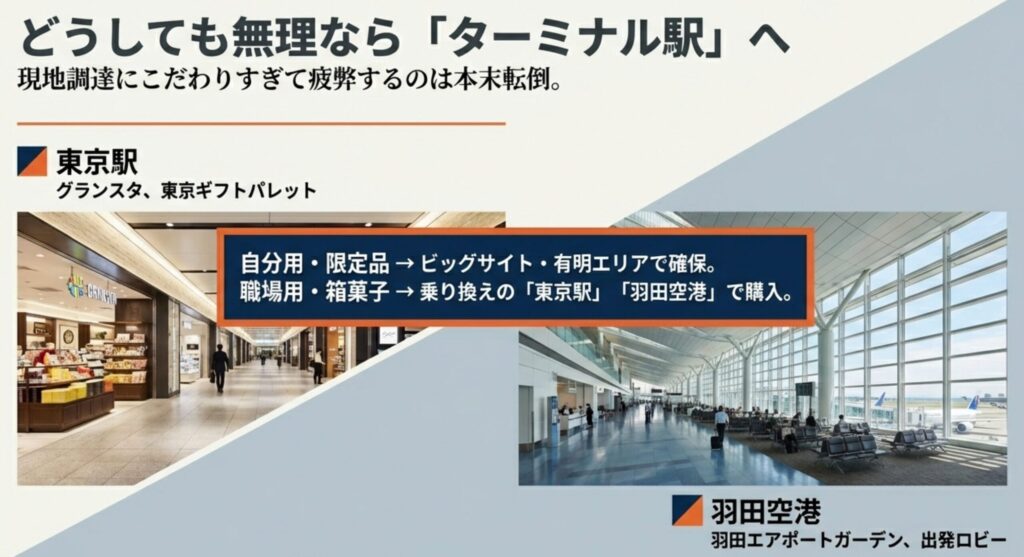 東京駅や羽田空港でお土産を買う賢い選択。自分用・限定品は有明エリアで、職場用・箱菓子はターミナル駅で購入する使い分け戦略