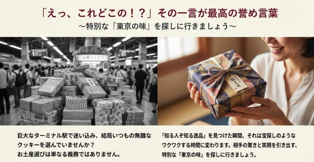 東京駅の雑踏とお土産を持つ笑顔の女性