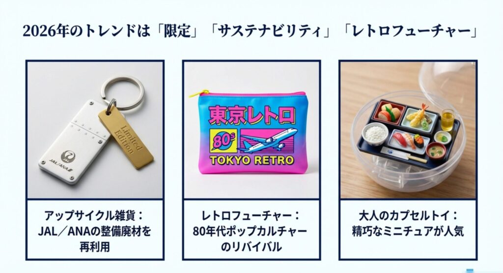 2026年羽田空港トレンド：JAL/ANAアップサイクル雑貨とレトロフューチャーグッズ、カプセルトイ