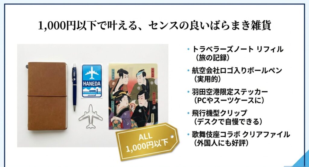 1000円以下で買える羽田空港のばらまき土産：ステッカー、クリアファイル、文房具の集合写真