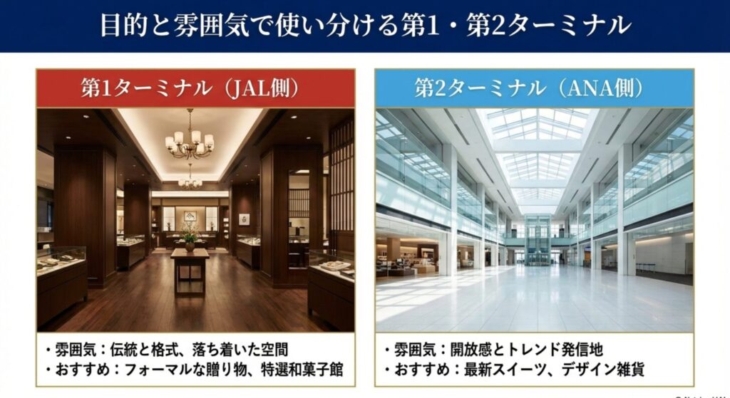 羽田空港第1ターミナル（JAL側）の重厚な雰囲気と第2ターミナル（ANA側）の開放的な雰囲気比較