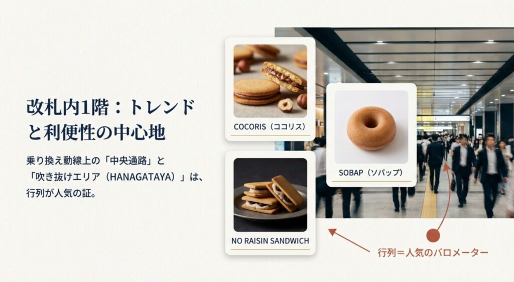 改札内1階はトレンド店が多く乗り換え時に最適