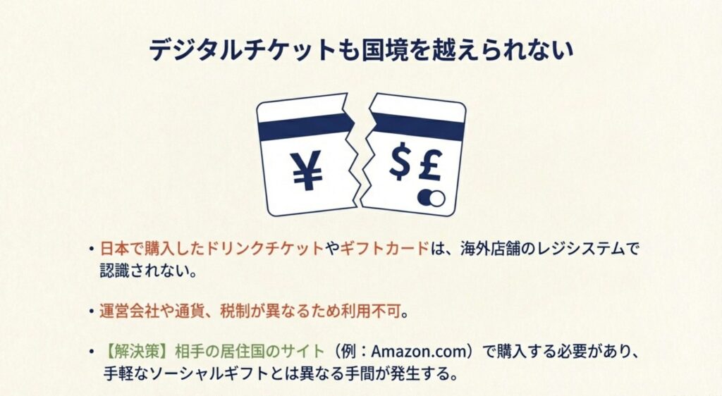 通貨やシステムの違いによりデジタルチケットが海外で使用不可であるイメージ