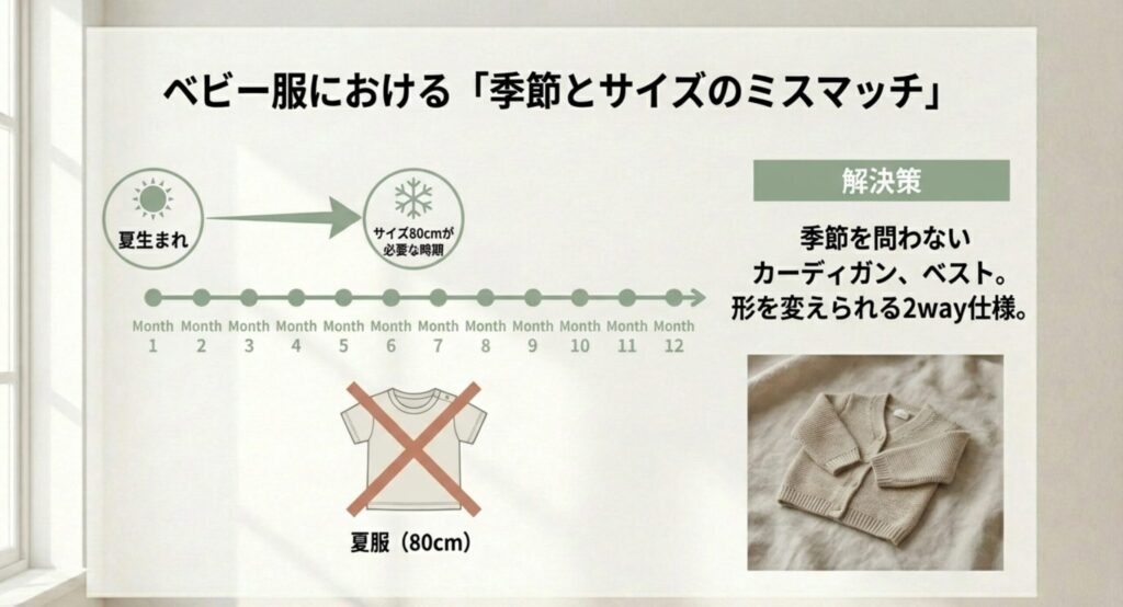 ベビー服のサイズと季節のミスマッチを図解