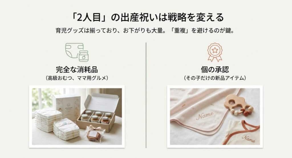 2人目の出産祝いは完全な消耗品か個を承認する名入れアイテムで重複を避ける