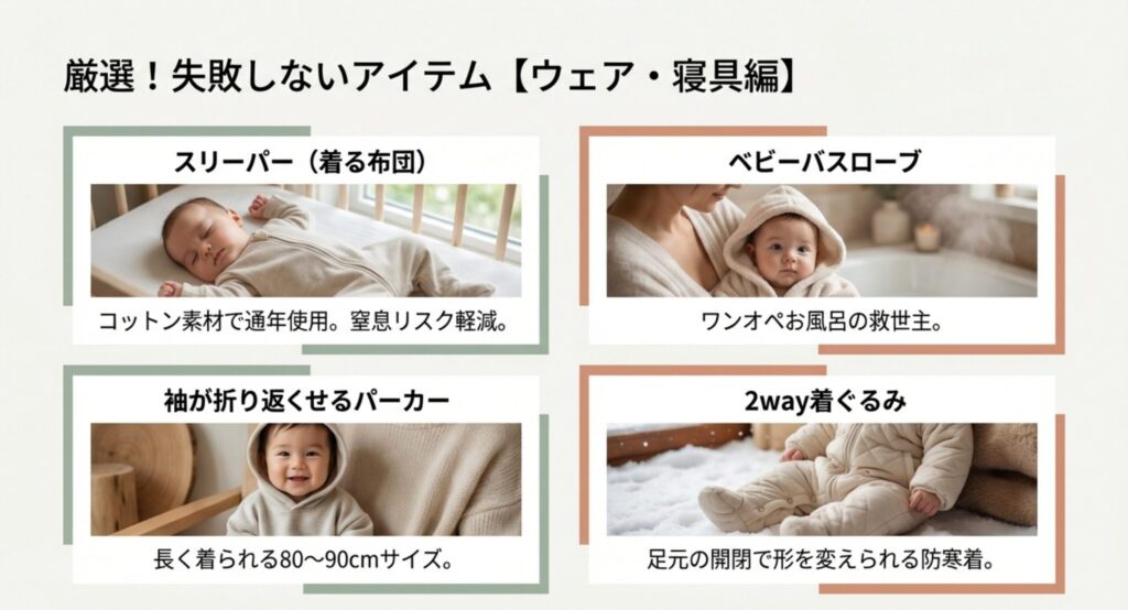 スリーパーやベビーバスローブなど厳選した失敗しないベビーウェアと寝具