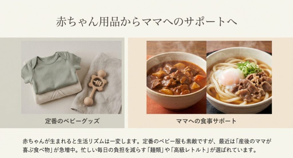 赤ちゃん用品からママへの食事サポートへ変化する出産祝い