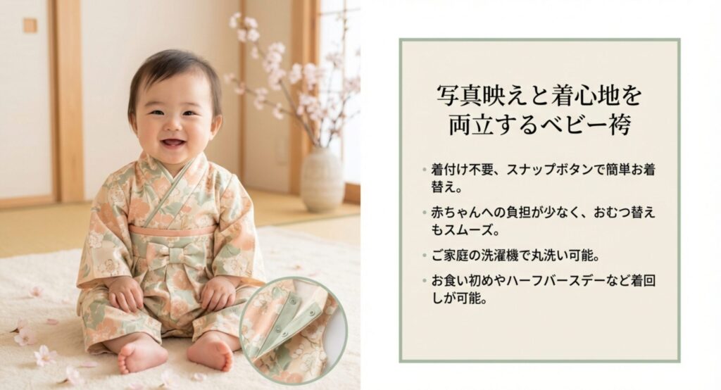 桜の花を背景にベビー袴を着て笑顔で座る赤ちゃんの写真