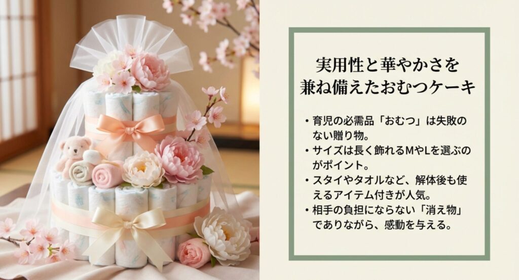 春らしい花とリボンで装飾された華やかな2段のおむつケーキの写真