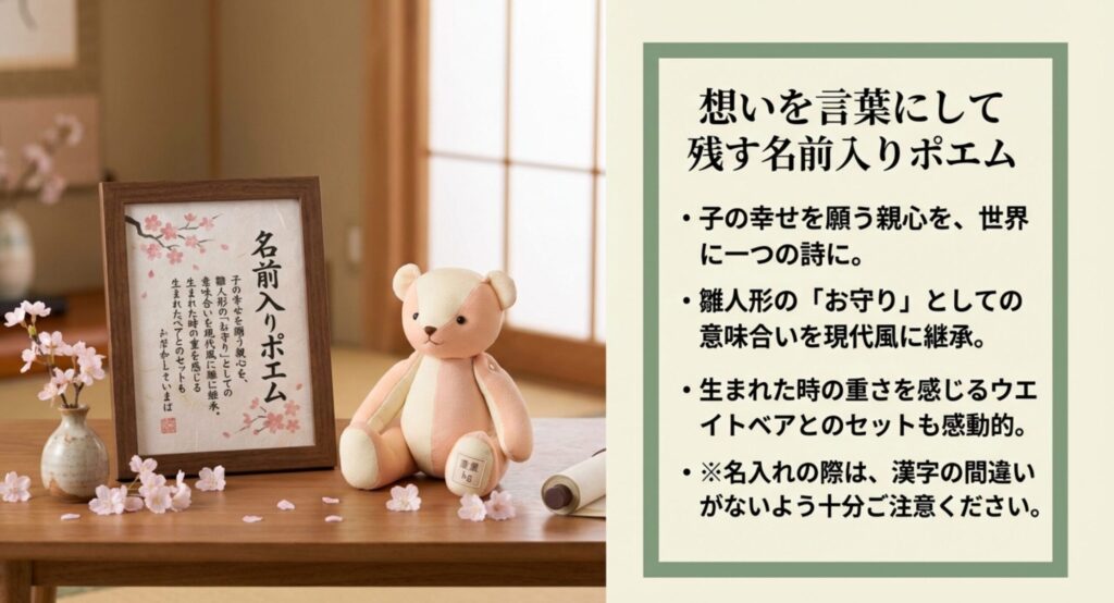 赤ちゃんの名前が織り込まれたポエムとウエイトベアのイメージ