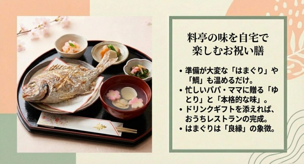 はまぐりのお吸い物や祝い鯛が並ぶ料亭の味を楽しめるお祝い膳