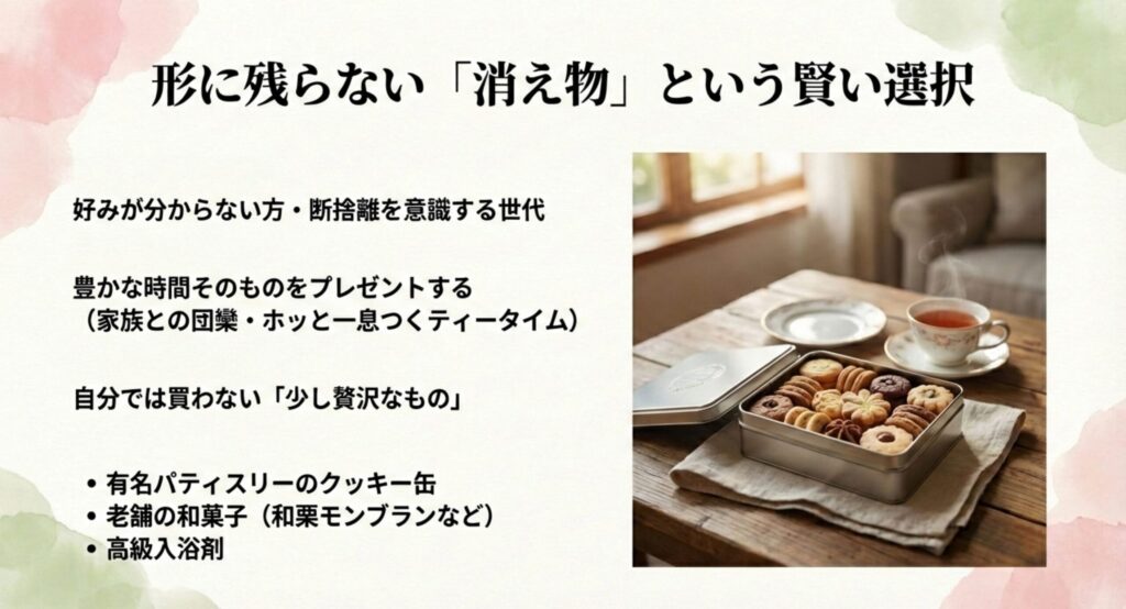 好みが分からない方や断捨離を意識する世代に向けた消え物ギフトの魅力