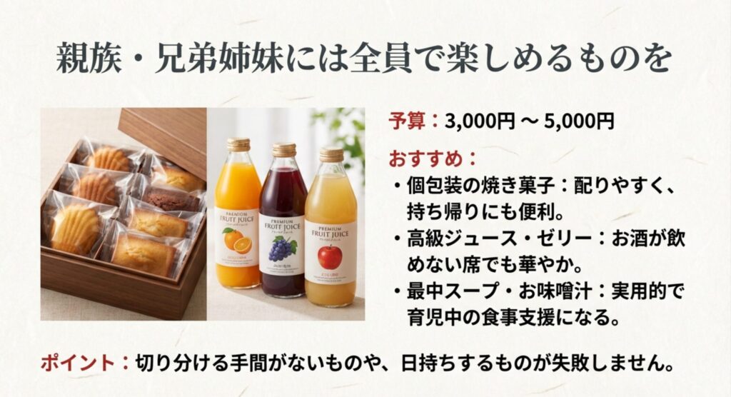 親族や兄弟姉妹が全員で楽しめる個包装の焼き菓子や高級ジュース