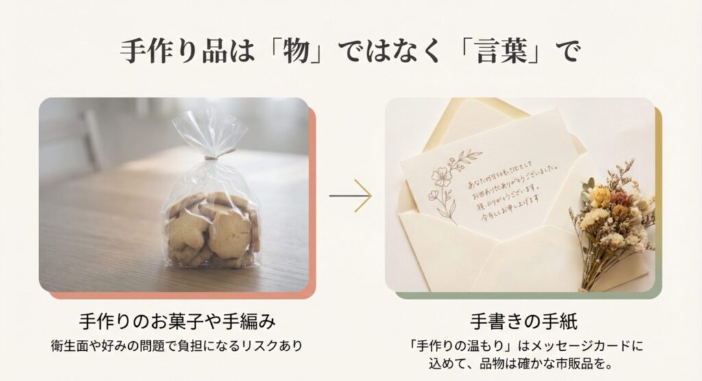 手作りの品は避け、市販品に心のこもった手書きメッセージを添えることを推奨する図