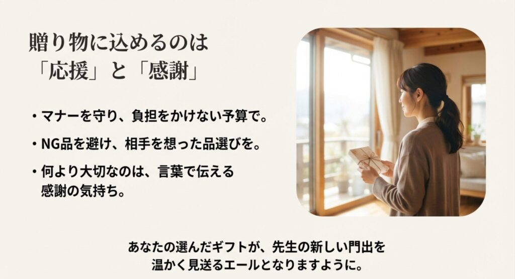 先生の新しい門出を温かく見送る、応援と感謝の気持ちを表現したイメージ画像