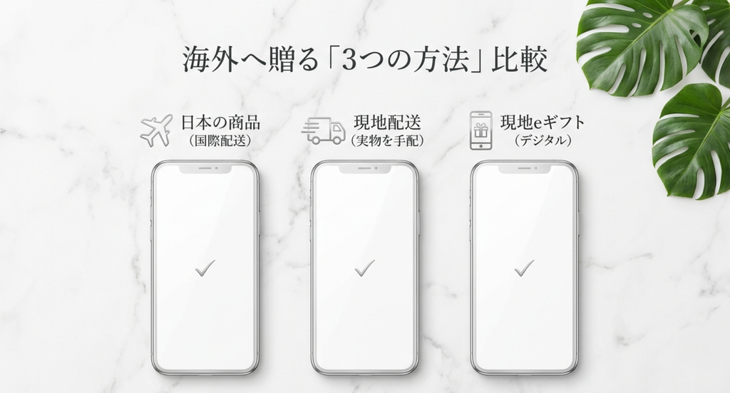 海外へギフトを贈る方法を日本の商品を国際配送する方法、現地配送する方法、現地で使えるデジタルギフトの3つに分けて比較