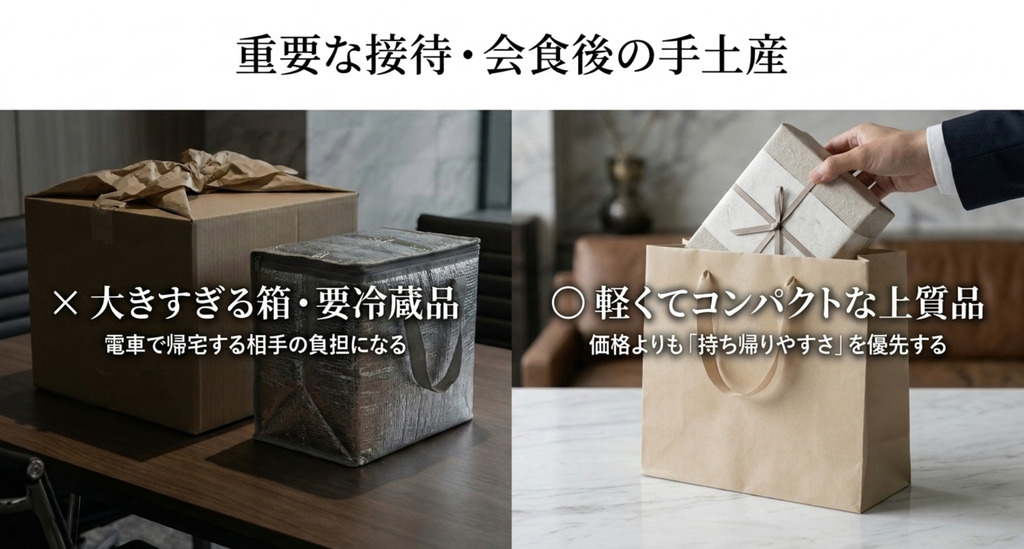 重要な接待や会食後の大阪ビジネス手土産は大きすぎる箱や要冷蔵品を避け持ち帰りやすさを優先