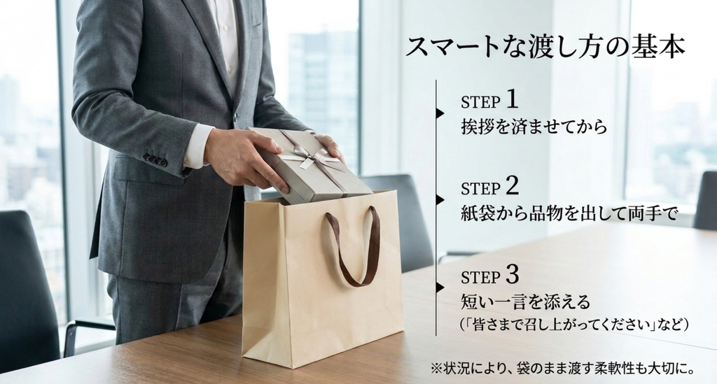 大阪ビジネス手土産は挨拶後に紙袋から品物を出して両手で渡し短い一言を添える