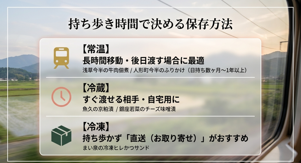 東京のおかず系土産を常温・冷蔵・冷凍に分けて持ち歩き時間や渡すタイミングから選ぶ方法