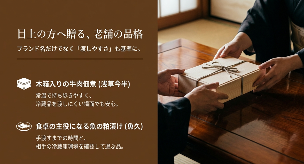 目上の方への東京土産は浅草今半の常温牛肉佃煮や魚久の冷蔵京粕漬など渡しやすさから選ぶ