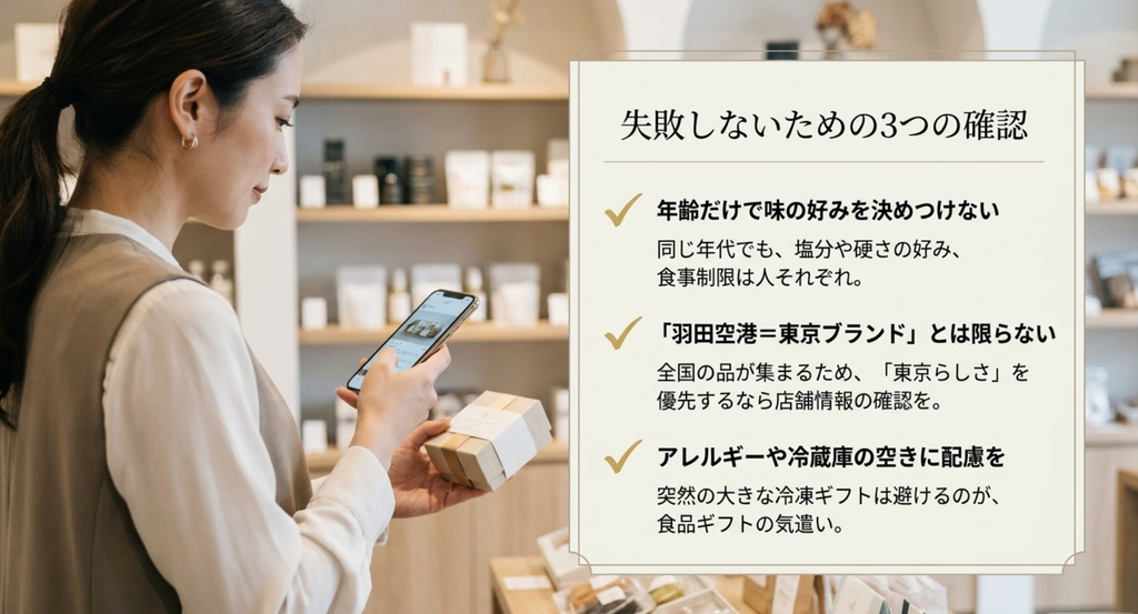 東京のおかず系土産は年齢だけで好みを決めず羽田空港の商品は東京ブランドか確認しアレルギーや保存場所にも配慮する