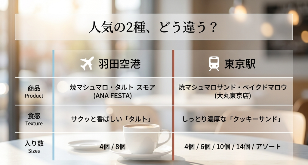 羽田空港の焼マシュマロ・タルト スモアと東京駅のベイクドマロウの違いを比較したスライド