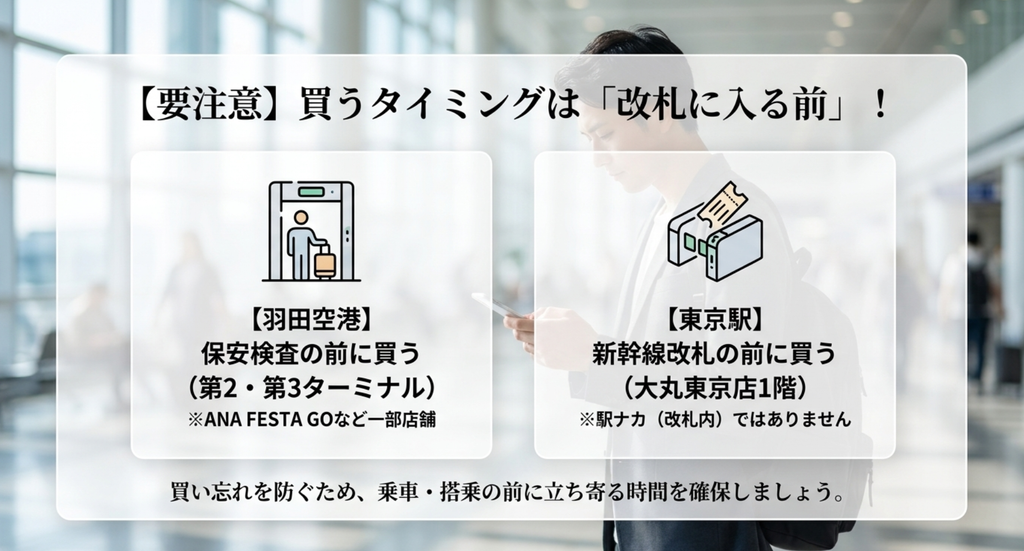羽田空港では保安検査前、東京駅では新幹線改札前にスモアを買う注意点