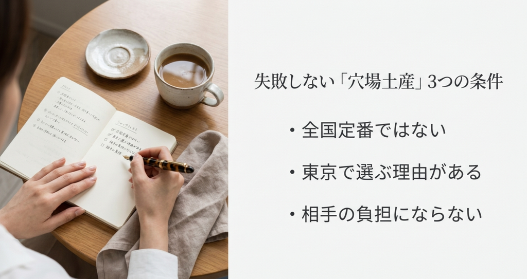 東京お土産マイナーな穴場商品は全国定番ではないこと、東京で選ぶ理由があること、相手の負担にならないことを確認